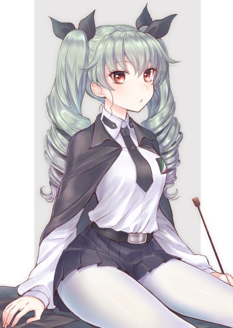1girl, anchovy, bangs, belt, black_bow, bow, cape, chestnut_mouth