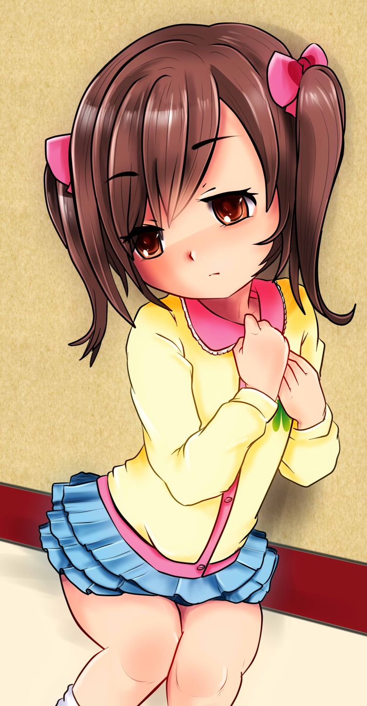 1girl, arms_up, blue_skirt, bow, brown_hair, chikusan_nurseman, child, eyebrows_visible_through_hair