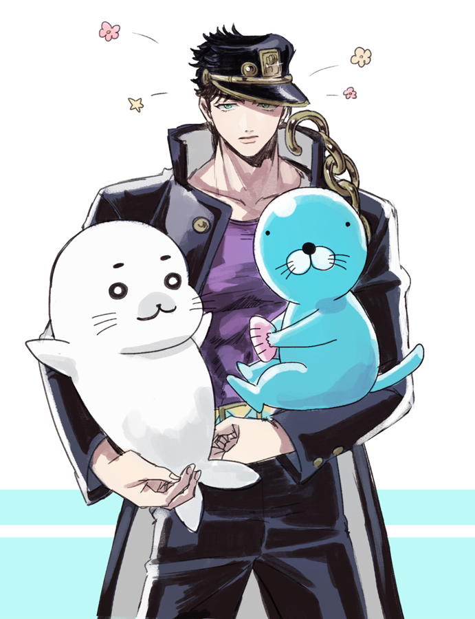 1boy, animal, black_hair, bonobono, bonobono_(character), carrying, chain, crossover