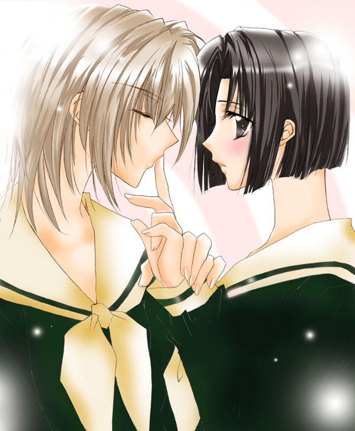 2girls, artist_request, black_eyes, black_hair, blonde_hair, blush, closed_eyes, finger_kiss