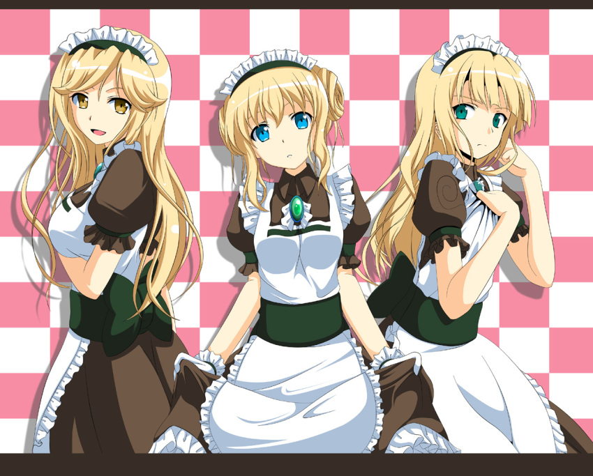 3girls, :d, :o, adjusting_hair, apron, bangs, belt, blonde_hair