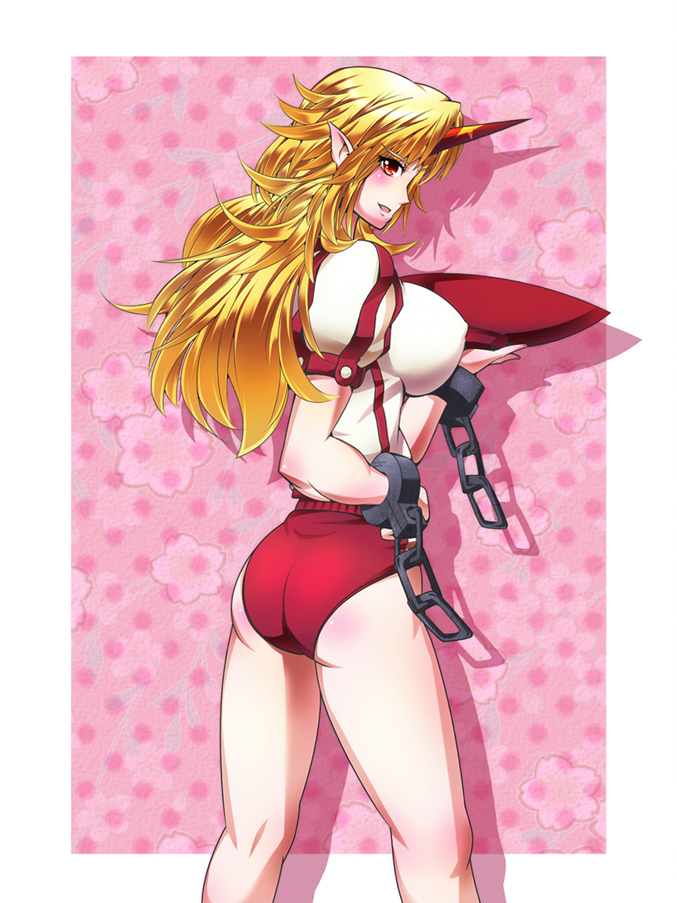 1girl, ass, blush, breasts, buruma, covered_nipples, cuffs, eyebrows