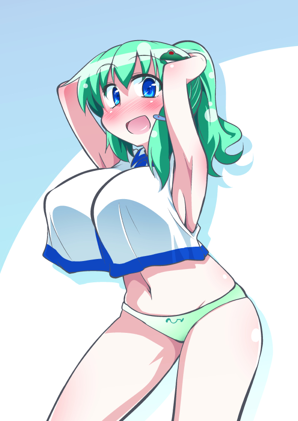 1girl, alternate_hairstyle, armpits, arms_behind_head, blue_background, blue_eyes, blush, breasts