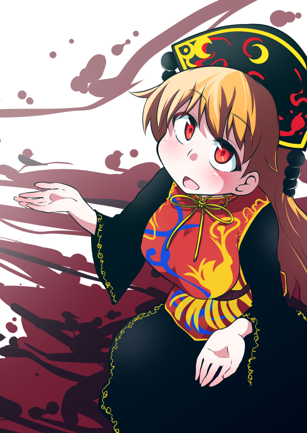 1girl, animal_print, black_dress, blonde_hair, blush, breasts, chinese_clothes, dress