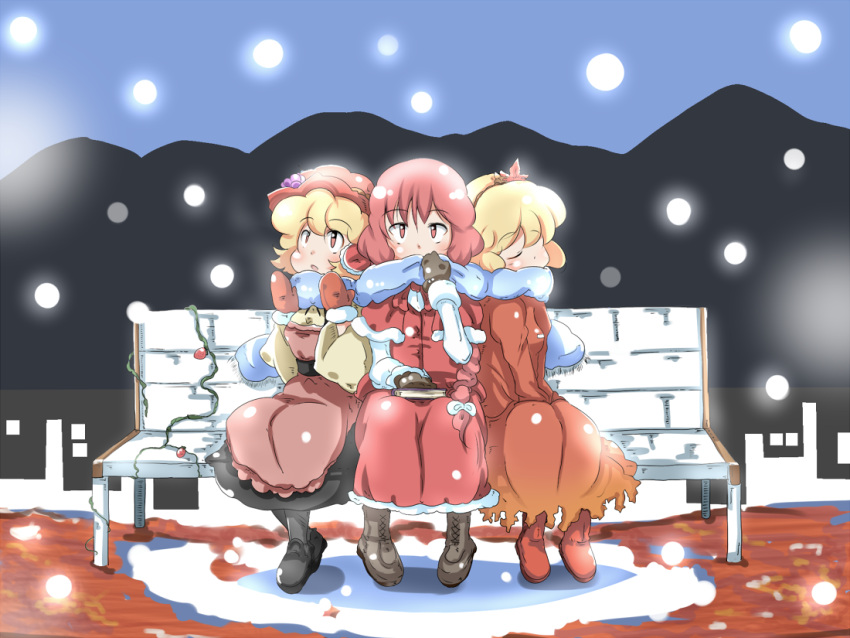 3girls, :o, aki_minoriko, aki_shizuha, bangs, bench, black_legwear, black_shoes