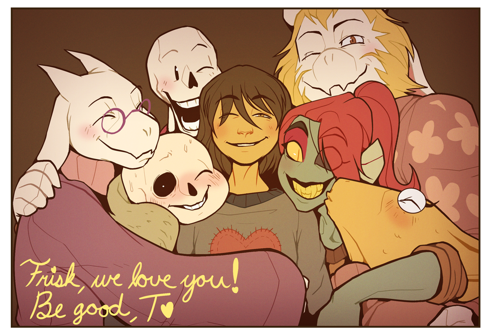 3boys, 3girls, ;), alphys, alternate_costume, androgynous, asgore_dreemurr, beard, blonde_hair, blush, brown_hair, english, everyone, facial_hair, frisk_(undertale), glasses, good_end, grin, group_hug, group_picture, half-closed_eyes, hawaiian_shirt, head_fins, heart_pattern, horns, hug, kiss, makeup, monster_boy, monster_girl, multiple_boys, multiple_girls, older, one_eye_closed, papyrus_(undertale), photo_(object), red_eyes, redhead, sans_(undertale), scarf, shirt, skeleton, smile, spoilers, sweat, sweater, sweating_profusely, toriel, undertale, undyne, yellow_eyes, yellow_sclera