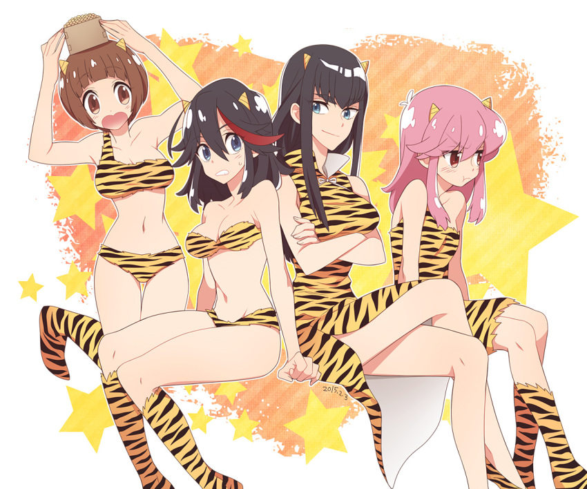 4girls, bikini, black_hair, blue_eyes, blush, brown_eyes, brown_hair, crossed_arms, crossed_legs, dress, horns, jakuzure_nonon, kill_la_kill, kiryuuin_satsuki, kuma_yuu, long_hair, mankanshoku_mako, matoi_ryuuko, multiple_girls, navel, oni_horns, pink_hair, red_eyes, short_hair, sitting, striped, striped_bikini, striped_swimsuit, swimsuit, tiger_print