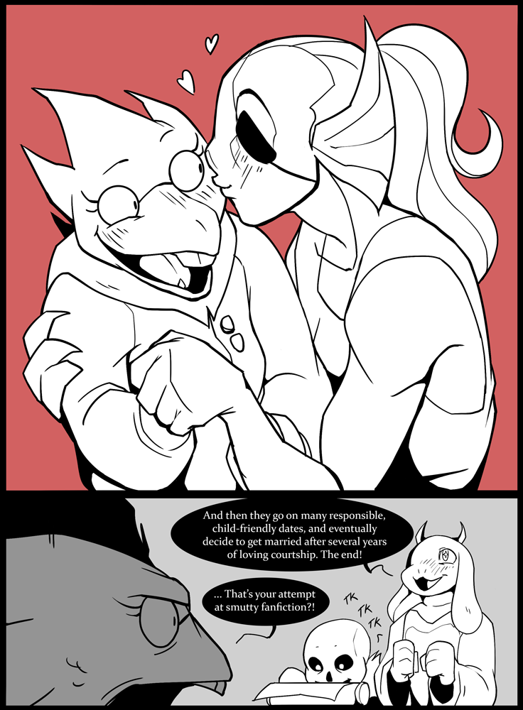 1boy, 2koma, 3girls, alphys, blush, buck_teeth, coat, comic