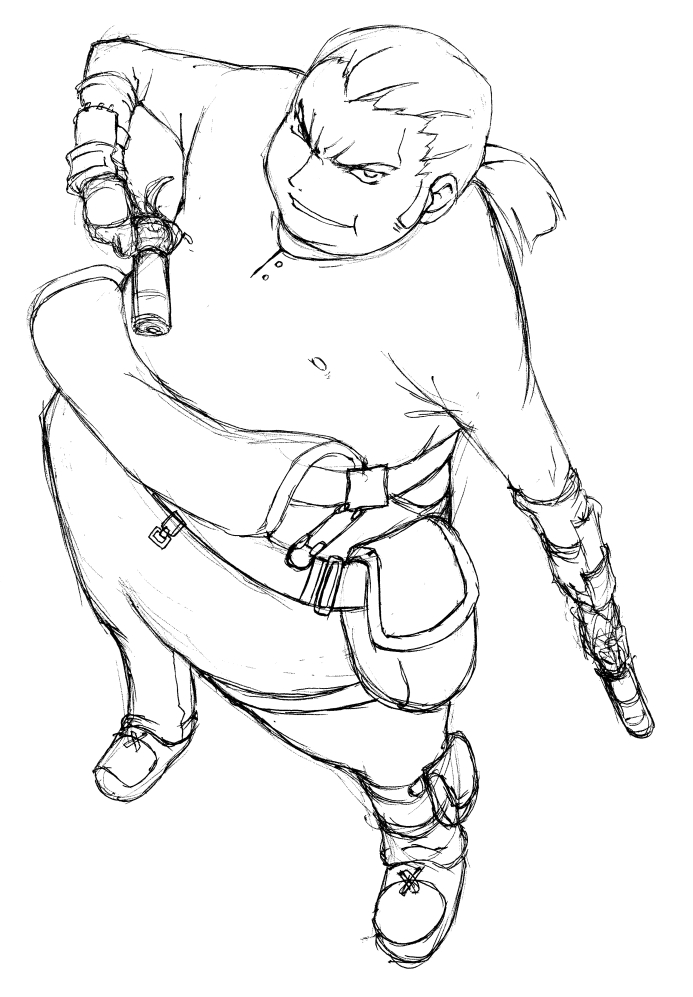 1boy, :t, arm_guards, belt_pouch, buckle, buttons, dual_wielding, final_fantasy, final_fantasy_tactics, gun, handgun, long_hair, looking_at_viewer, looking_up, misairu_oppai, mustadio_bunansa, parted_lips, pistol, plump, pocket, ponytail, pout, simple_background, sketch, solo, standing, tagme, weapon, white_background