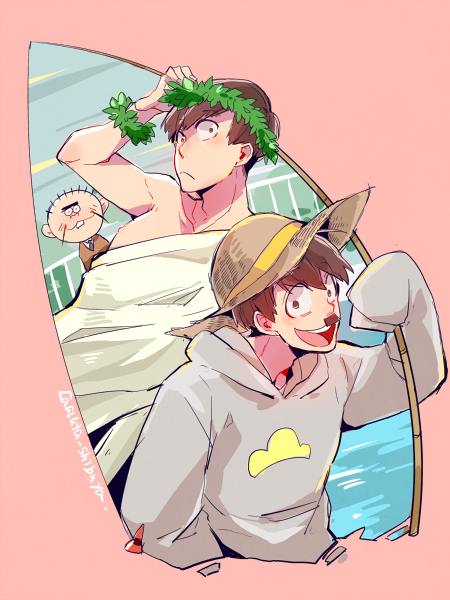 3boys, brothers, brown_hair, facial_hair, fake_mustache, fishing_rod, formal, hat
