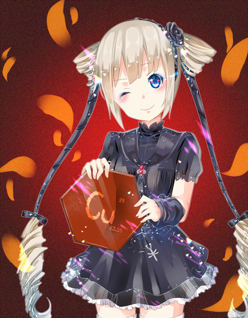 blonde_hair, blue_eyes, bow, bowtie, cross, ekaterina_kurae, flower, gem, hairband, jewelry, lolita_fashion, lolita_hairband, long_hair, one_eye_closed, priyaphr, ribbon, rose, seikon_no_qwaser, twintails, very_long_hair