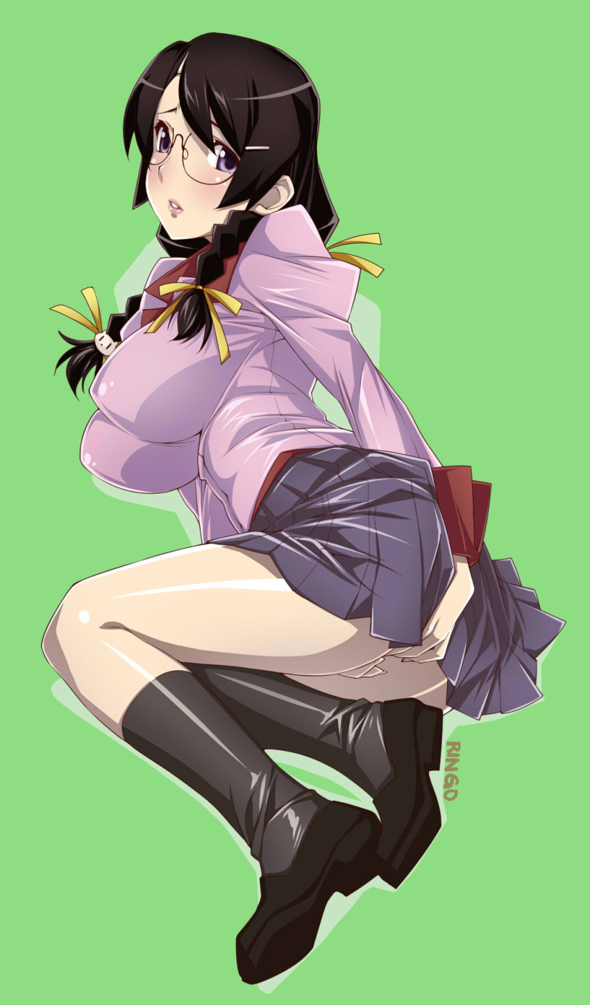 1girl, bakemonogatari, black_hair, braid, glasses, hanekawa_tsubasa, highres, kuroishi_ringo