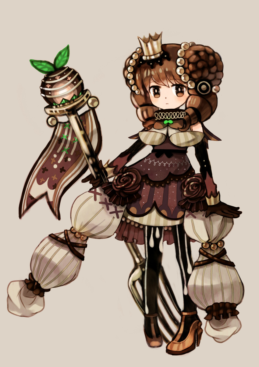 1girl, absurdres, black_legwear, brown_dress, brown_eyes, brown_gloves, brown_hair, crown, dress, fondant_au_chocolat, food_themed_clothes, fork, gloves, hair_ornament, highres, karasumi_(susyounoame), original, oversized_object, pocketland, solo, standing, tagme