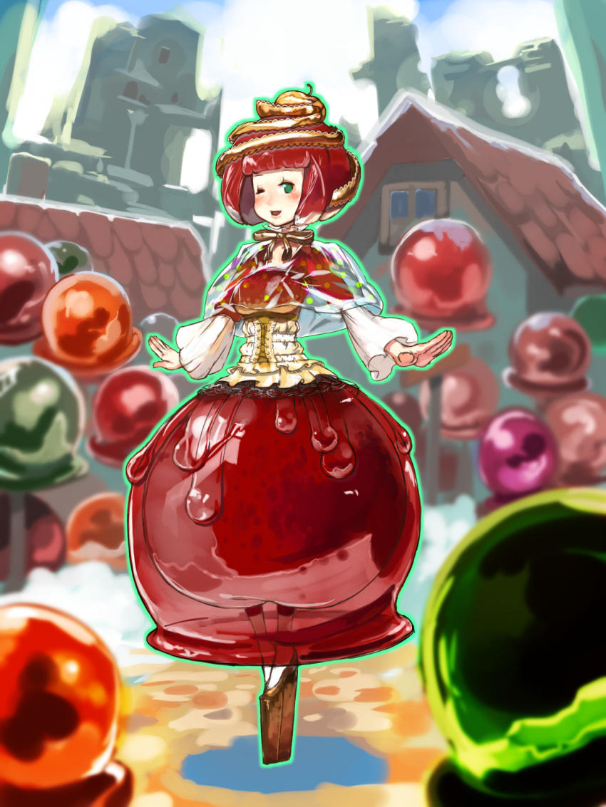 1girl, apple, apple_hair_ornament, bangs, blunt_bangs, blush, bubble_skirt, candy_apple