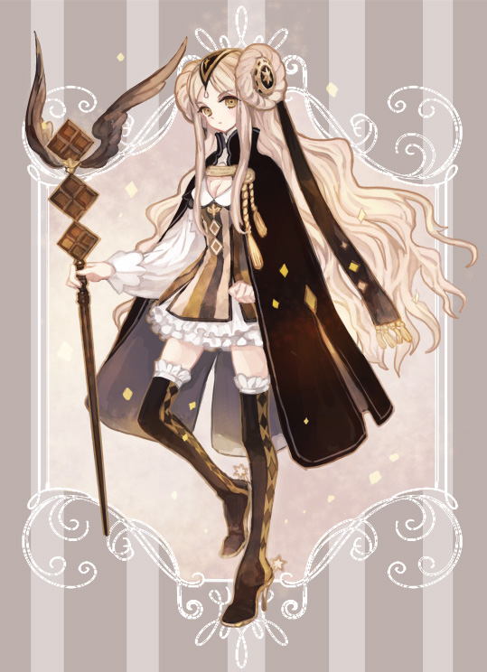 1girl, brown_legwear, cape, double_bun, food_themed_clothes, frills, full_body, hair_ornament