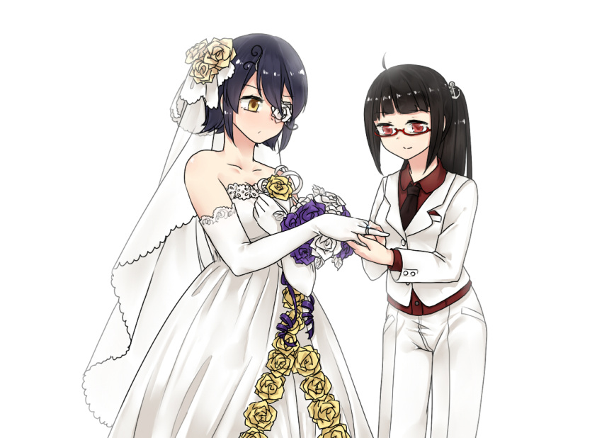 2girls, anchor_hair_ornament, bare_shoulders, black_hair, blush, bouquet, bridal_gauntlets, bridal_veil, commentary_request, dress, eyepatch, female_admiral_(kantai_collection), flower, gem, glasses, hair_ornament, jewelry, kantai_collection, kumin_(6939359), multiple_girls, purple_flower, purple_hair, red-framed_glasses, red_eyes, ring, sleeveless, sleeveless_dress, smile, tenryuu_(kantai_collection), veil, wedding_dress, wedding_ring, white_flower, wife_and_wife, yellow_eyes, yellow_flower, yuri
