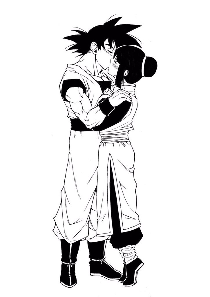 1boy, 1girl, boots, chi-chi_(dragon_ball), chinese_clothes, dougi, dragon_ball, dragon_ball_z, hair_bun, husband_and_wife, jpeg_artifacts, kiss, monochrome, muscle, sidelocks, son_goku, son_gokuu, suzushiro333, tiptoe_kiss, tiptoes, wristband