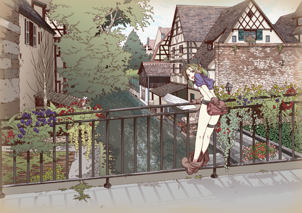 1girl, bag, boots, bottomless, brick_wall, brown_boots, brown_gloves, flower, from_behind, gloves, green_hair, house, leg_band, looking_back, open_mouth, orange_eyes, original, plant, river, scenery, shadow, sky, smile, solo, suzushiro333, tree