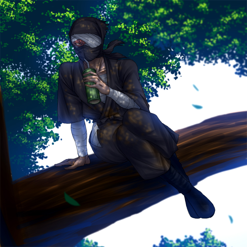 1boy, bandage_over_one_eye, blurry, cup, depth_of_field, drink, drinking_glass, in_tree