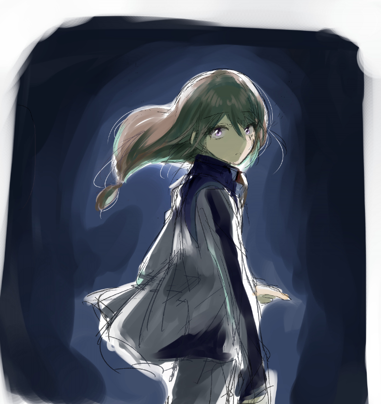 1boy, brown_hair, jacket, long_hair, long_sleeves, looking_at_viewer, looking_back, low-tied_long_hair