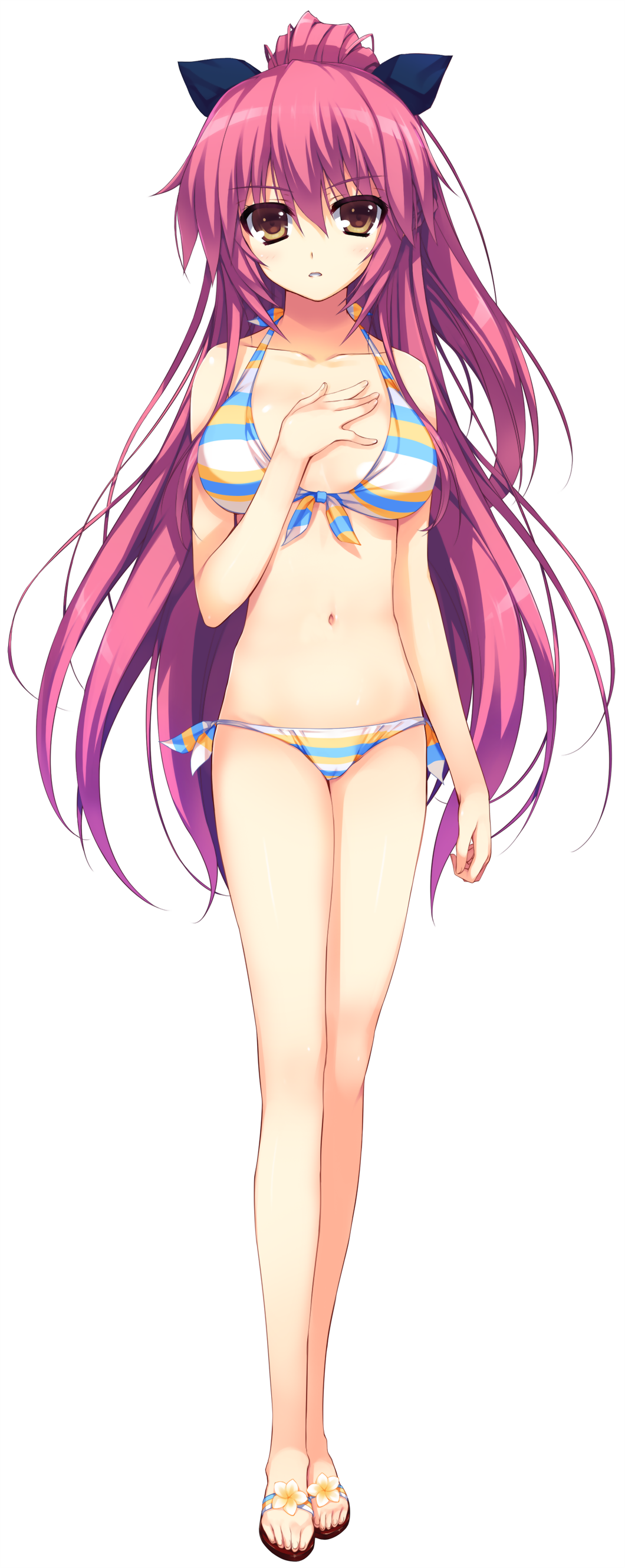 1girl, absurdres, akusera, bikini, breasts, brown_eyes, full_body, hand_on_own_chest