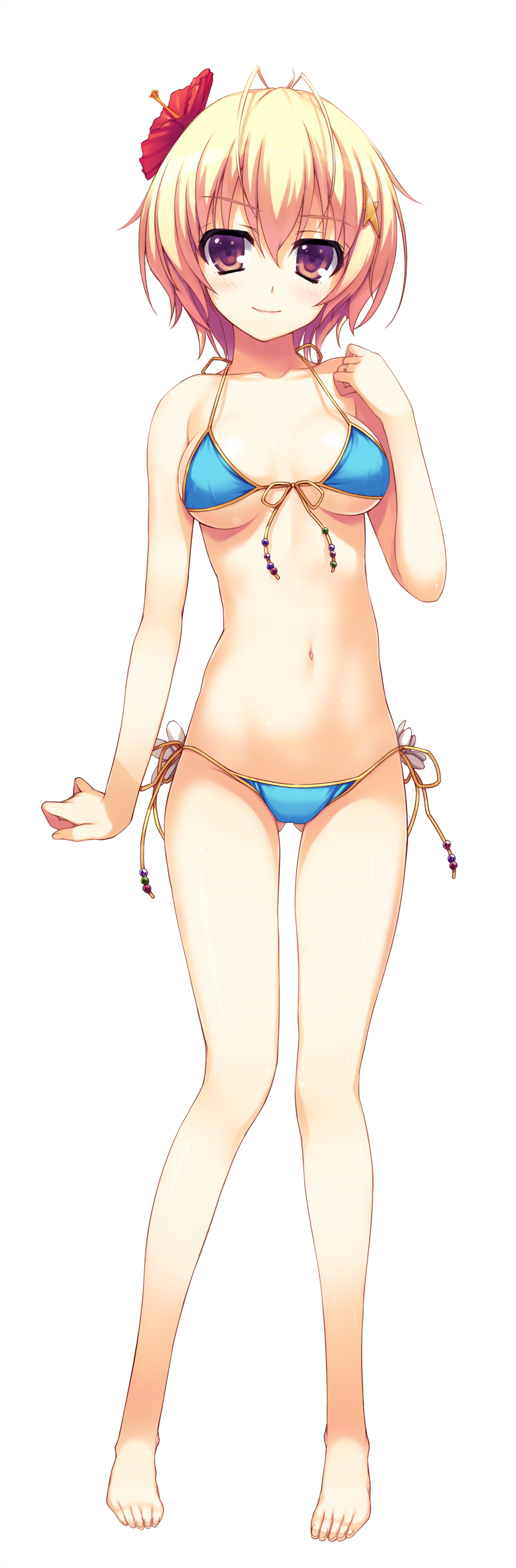 1girl, absurdres, bare_legs, bare_shoulders, bikini, blonde_hair, blush, brown_eyes, flower, full_body, hair_flower, hair_ornament, hand_on_own_chest, highres, looking_at_viewer, nozomi_(reminiscence), panties, reminiscence, side-tie_bikini, side-tie_panties, simple_background, smile, solo, swimsuit, tomose_shunsaku, transparent_background, underwear, white_background
