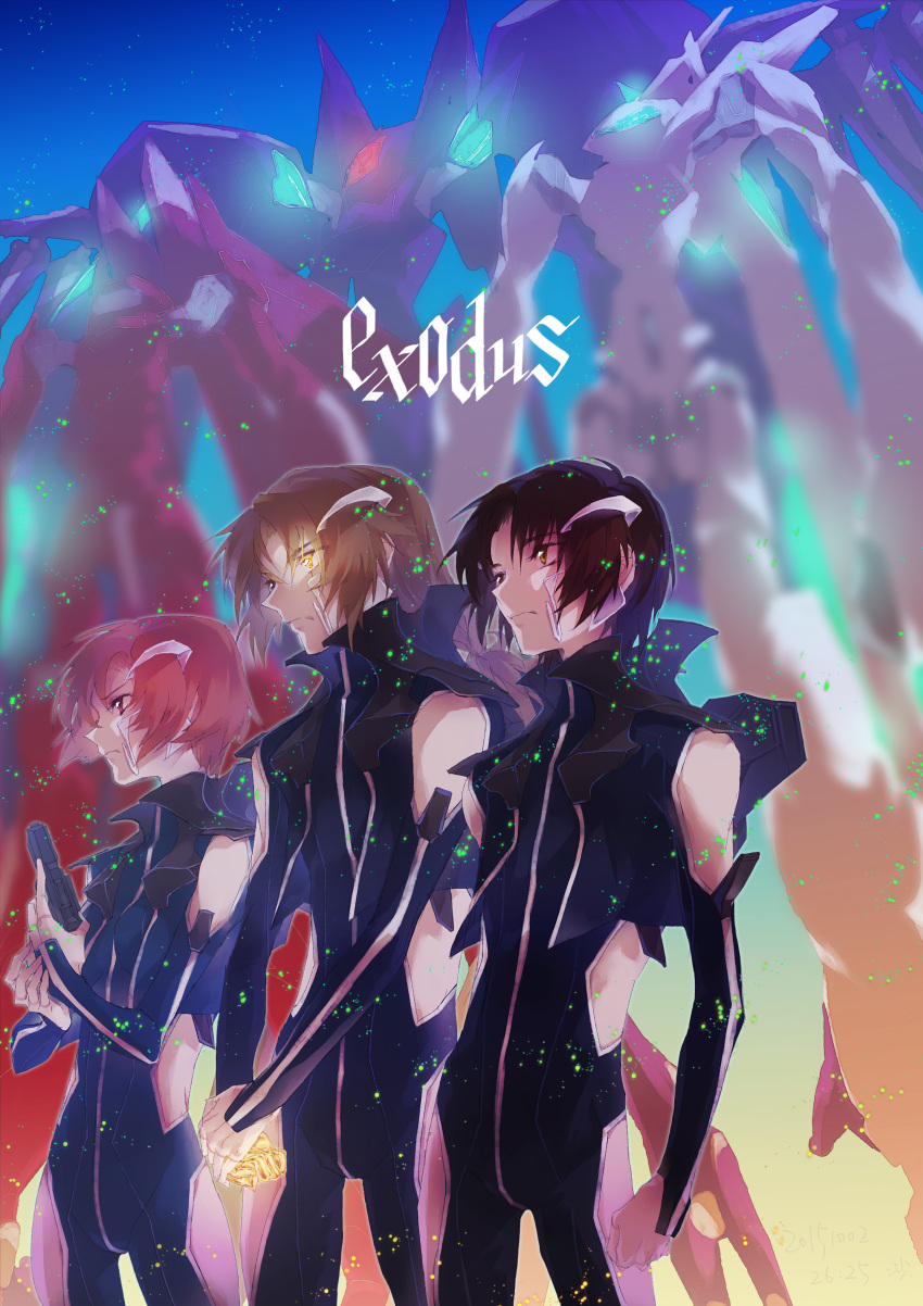 0731sa, 1girl, 2boys, absurdres, arm_cutout, black_hair, bodysuit, brown_eyes