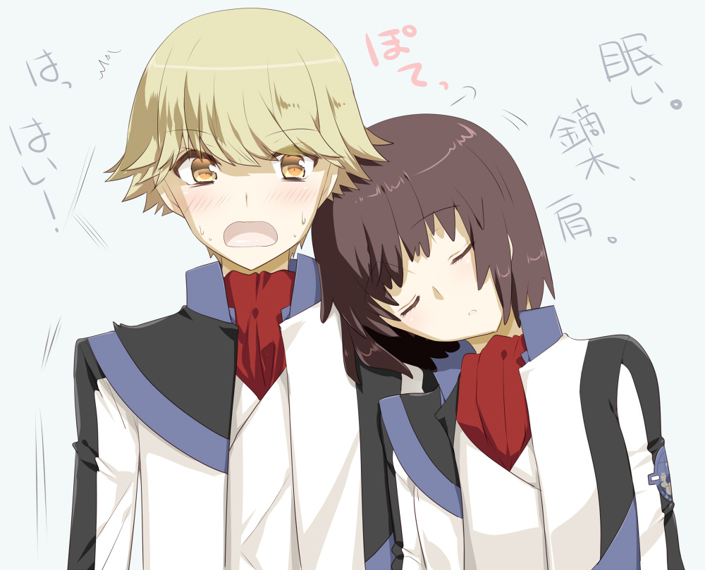 1boy, 1girl, :o, blonde_hair, blush, brown_hair, embarrassed, head_on_shoulder