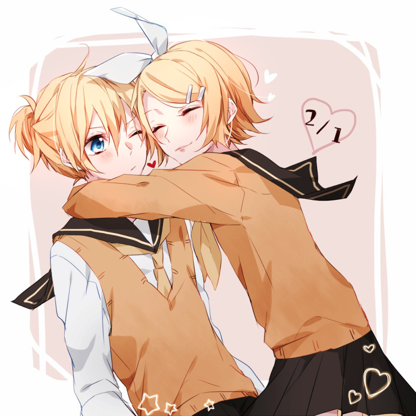 1boy, black_skirt, blonde_hair, blue_eyes, brother_and_sister, closed_eyes, dated, hair_ornament