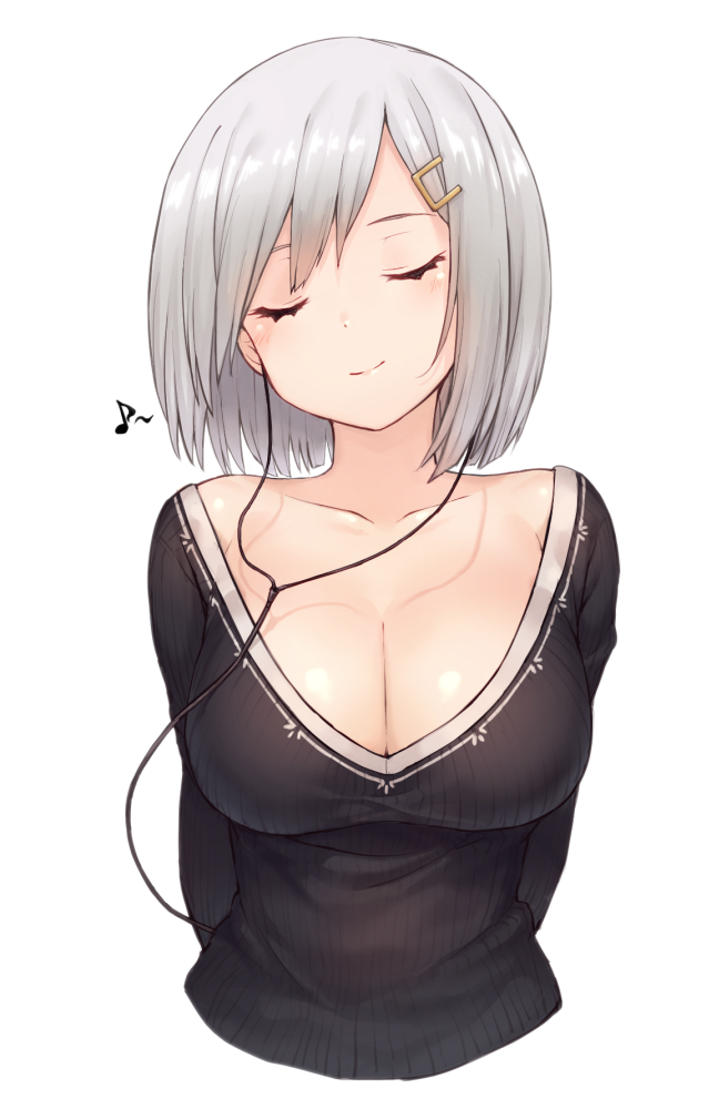 1girl, arms_behind_back, bangs, breasts, cleavage, closed_eyes, collarbone, earphones