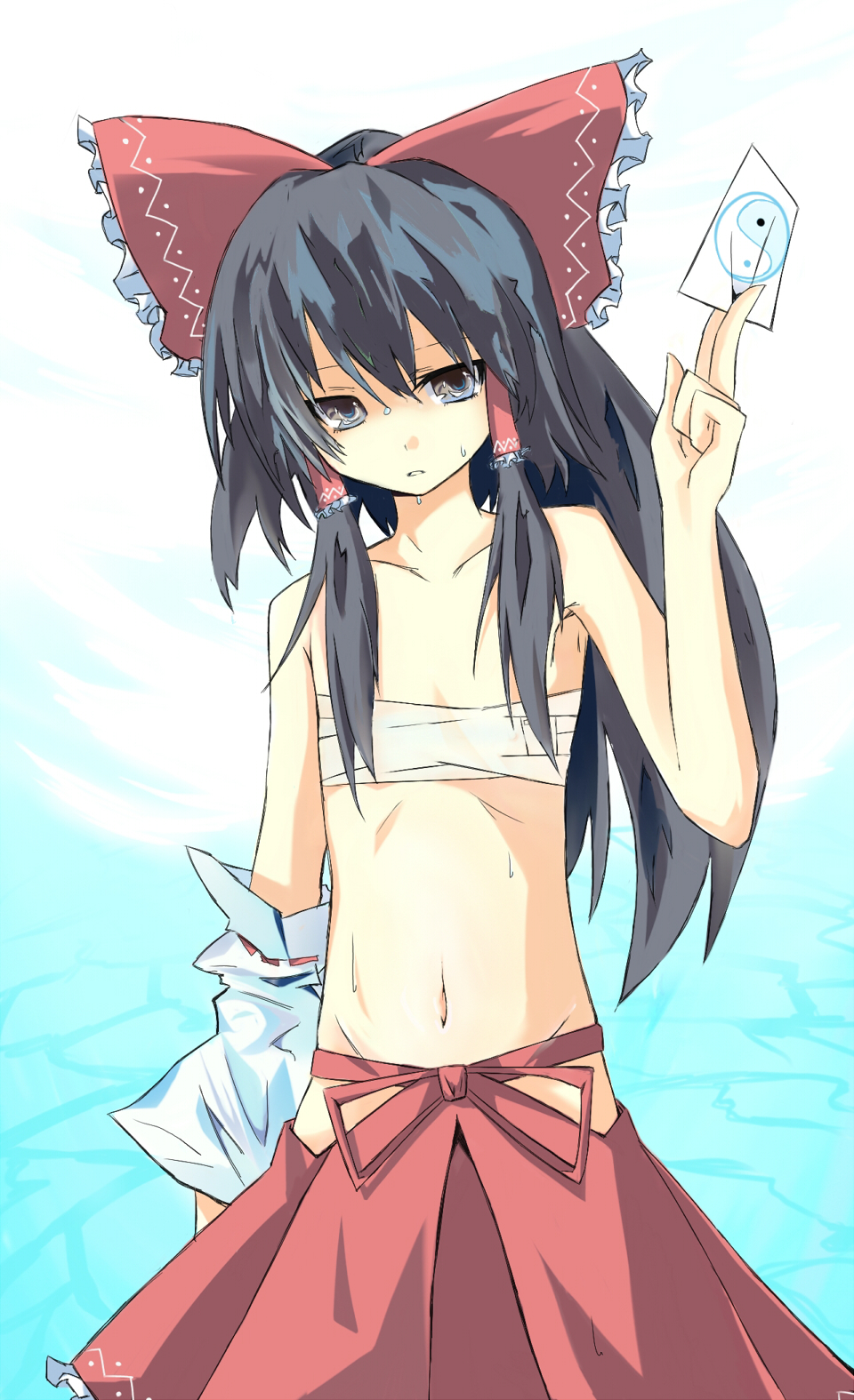 flat_chest, hakurei_reimu, highres, kitsune_(artist), kitsune_(scaz), midriff, navel, ribbon