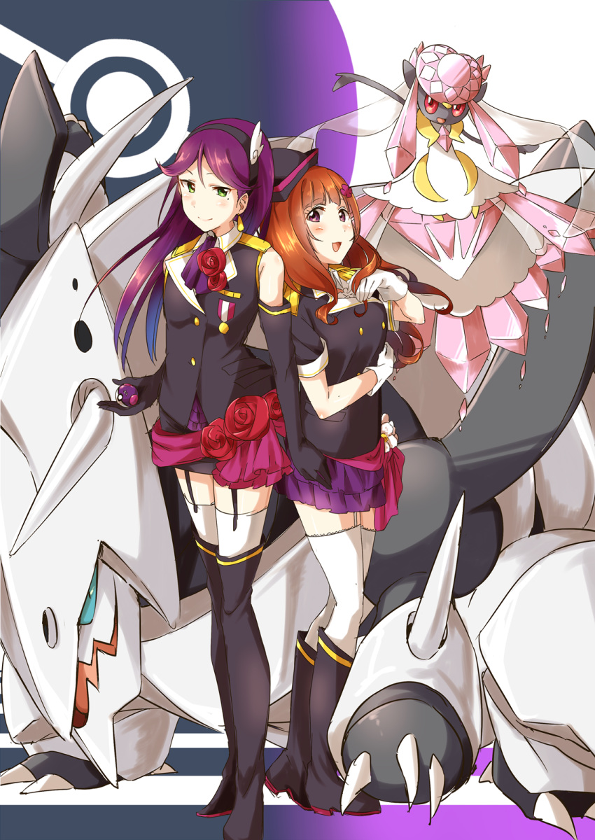 2girls, a-rise, aggron, brown_hair, crossover, diancie, green_eyes, highres