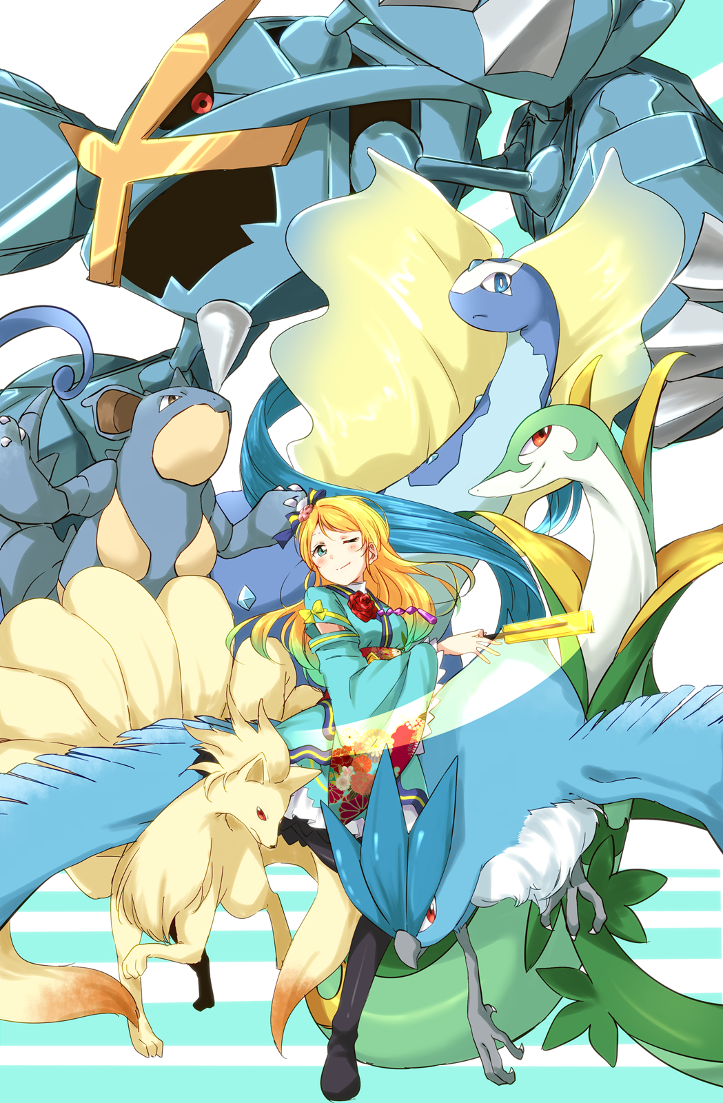1girl, ;), angelic_angel, articuno, aurorus, ayase_eli, blonde_hair, blue_eyes