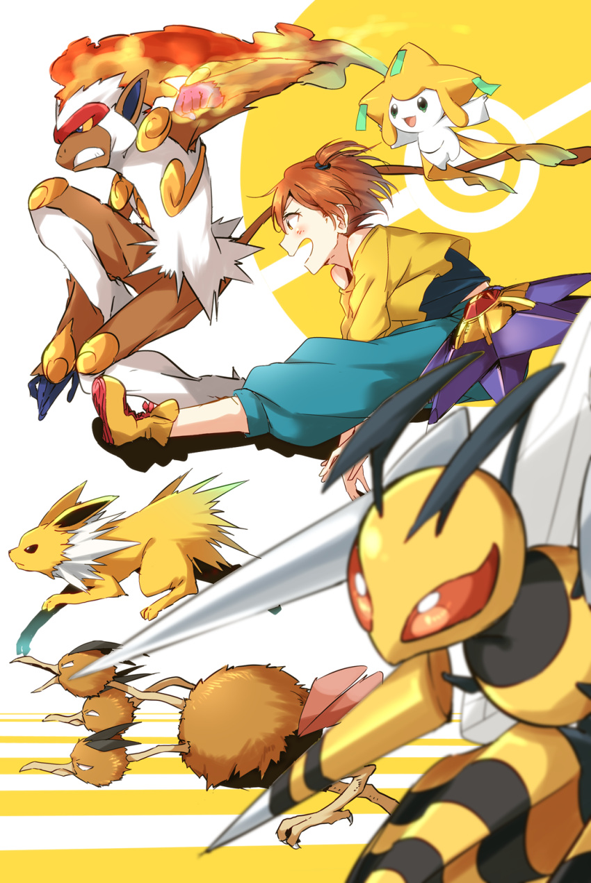 1girl, beedrill, crossover, dodrio, highres, hoshizora_rin, infernape, jirachi