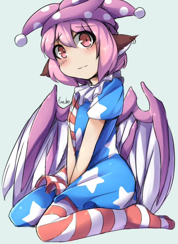 1girl, american_flag_legwear, american_flag_shirt, animal_ears, artist_name, bird_wings, blue_background, blush, clownpiece, clownpiece_(cosplay), cosplay, full_body, fun_bo, hat, jester_cap, jewelry, looking_at_viewer, mystia_lorelei, pantyhose, pink_eyes, pink_hair, print_legwear, short_hair, short_sleeves, simple_background, single_earring, sitting, solo, star, striped, touhou, wings