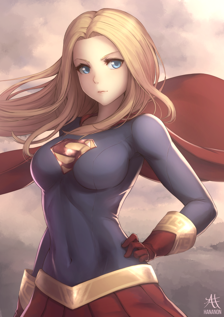 1girl, blonde_hair, blue_eyes, bodysuit, breasts, cape, dc_comics, emblem