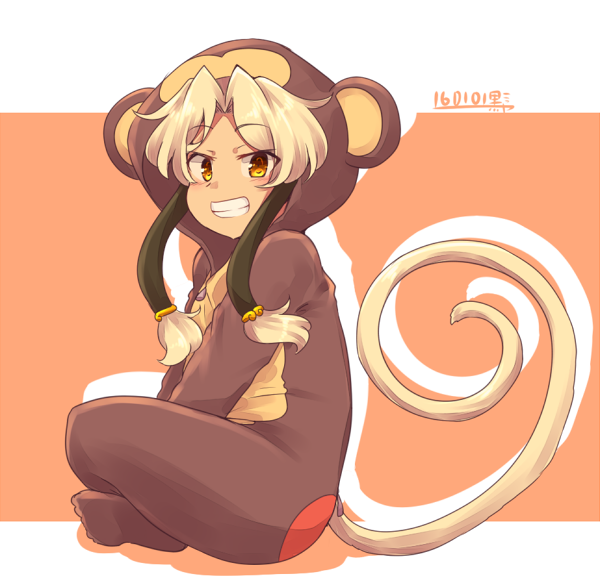 1girl, animal_hood, blonde_hair, hood, kuromiya, mikisaka_sasara, monkey_tail, original