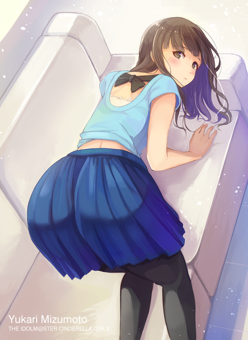 1girl, akame_(akamiru), all_fours, ass, back, black_legwear, blue_skirt, blush
