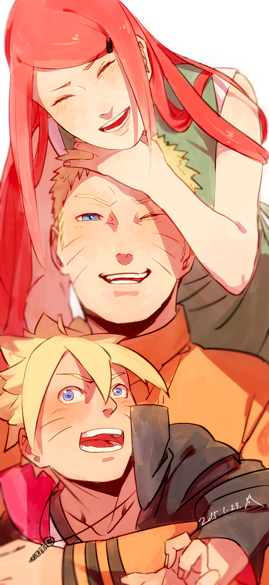1girl, 2boys, blonde_hair, blue_eyes, closed_eyes, facial_mark, grandmother_and_grandson, hug