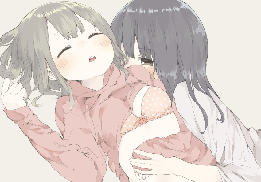 2girls, black_hair, bra, brown_eyes, brown_hair, closed_eyes, fuyuri_(tibirobo), highres