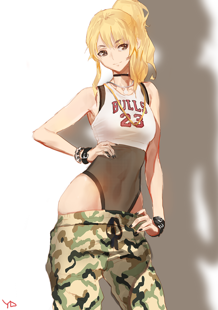 1girl, arm_belt, armpits, bare_shoulders, black_nails, black_ribbon, blonde_hair, blush