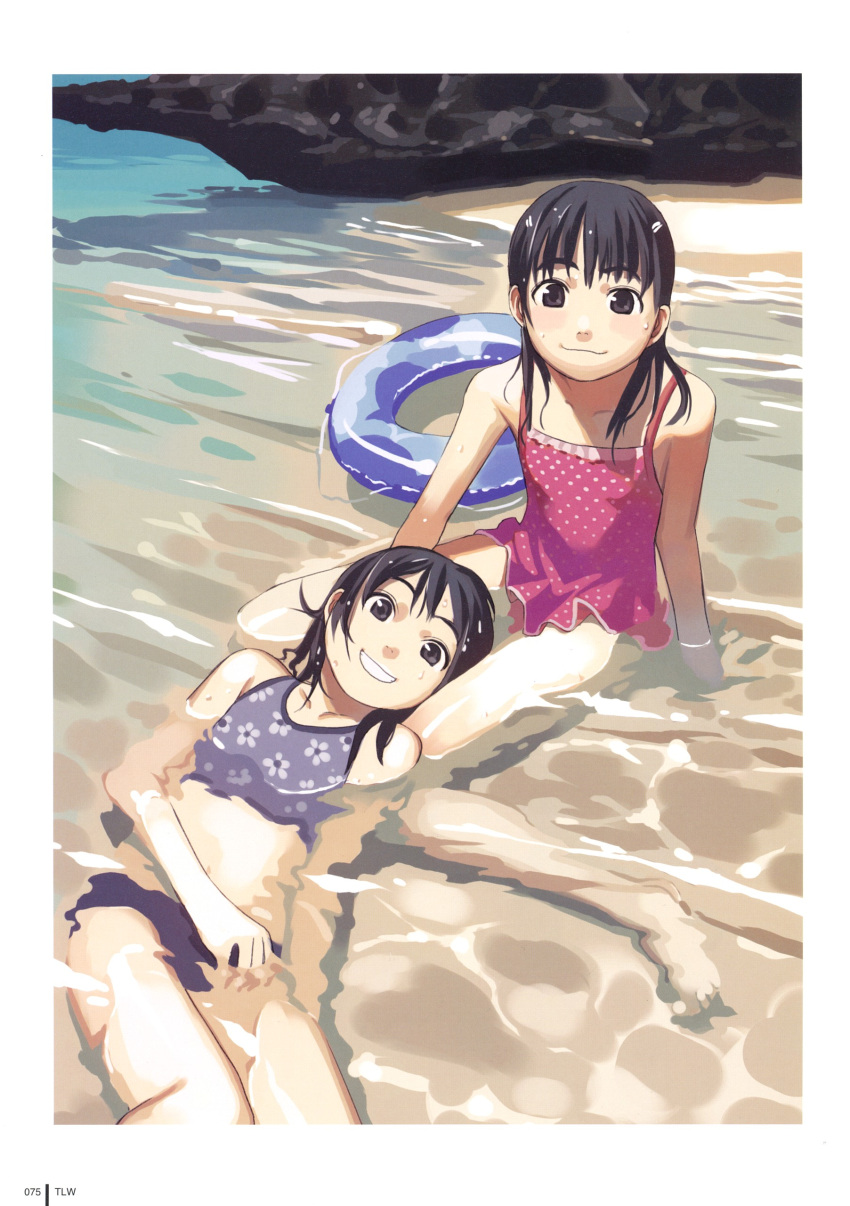 :3, absurdres, barefoot, beach, bikini, black_eyes, black_hair, child