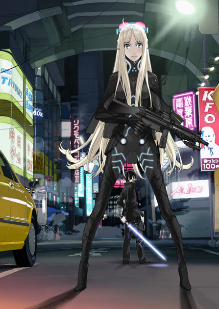 blonde_hair, blue_eyes, bodysuit, city, energy_sword, goggles, gun, karasuma_kyouko_no_jikenbo, kf, kfc, kfc_(company), kozaki_yusuke, kozaki_yuusuke, lightsaber, long_hair, long_legs, night, skin_tight, star_wars, sword, urban, very_long_hair, weapon