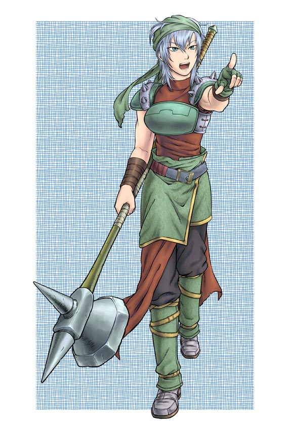 1girl, armor, blue_hair, boots, echidna_(fire_emblem), fingerless_gloves, fire_emblem, fire_emblem:_fuuin_no_tsurugi, gloves, green_eyes, hammer, kawamura_kou, open_mouth, solo