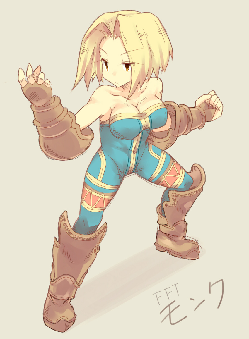 1girl, bare_shoulders, blonde_hair, blue_eyes, boots, breasts, cleavage, final_fantasy, final_fantasy_tactics, gloves, highres, kamuran, large_breasts, monk_(fft), short_hair, simple_background, solo, unitard, white_background