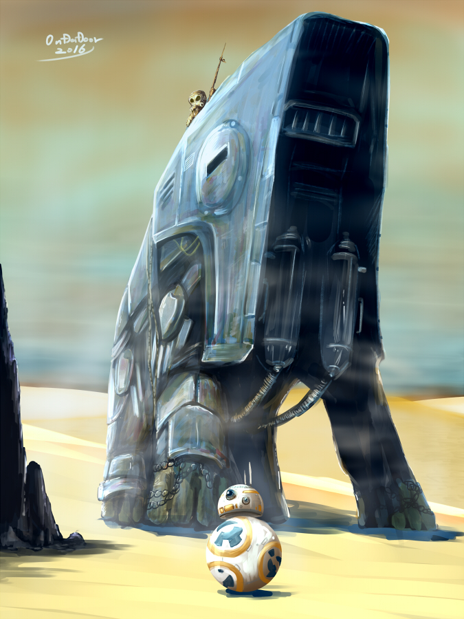 2016, alien, antennae, artist_request, bb-8, chasing, cyborg, desert