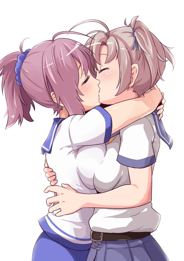 2girls, ahoge, antenna_hair, aoba_(kantai_collection), belt, blush, breast_press, hair_tie, kakiha_makoto, kantai_collection, kinugasa_(kantai_collection), kiss, multiple_girls, neckerchief, pink_hair, pleated_skirt, ponytail, remodel_(kantai_collection), school_uniform, scrunchie, serafuku, side_ponytail, simple_background, skirt, symmetrical_docking, white_background, yuri