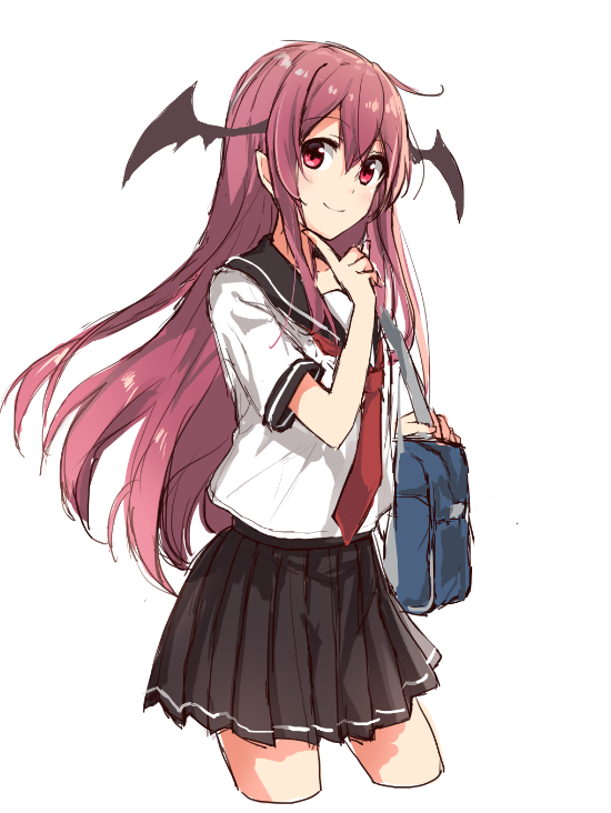 1girl, alternate_costume, bag, bangs, blush, cowboy_shot, demon_wings, finger_to_chin
