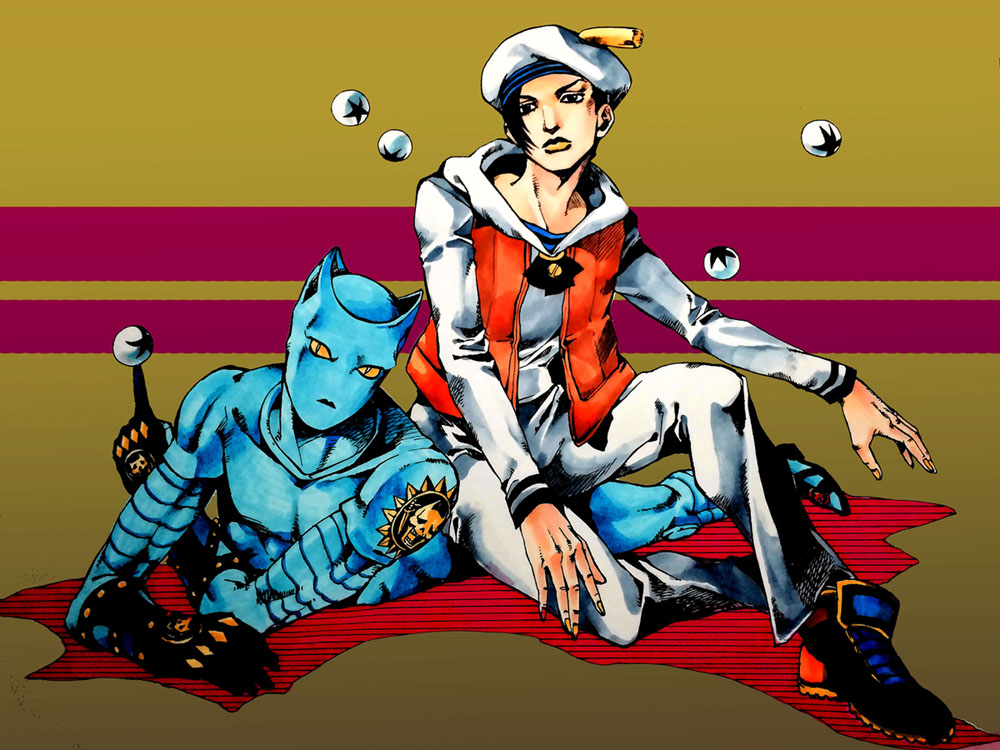 1boy, araki_hirohiko_(style), bubble, hat, jojo_no_kimyou_na_bouken, jojolion, killer_queen, kira_yoshikage_(jojolion)