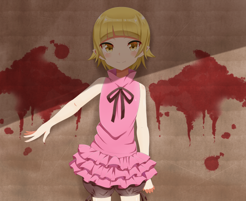 1girl, bangs, blonde_hair, blood, blunt_bangs, blush, cowboy_shot, dress